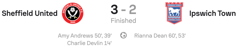 WSL2 25/26 Sheffield United 3-2 Ipswich Town scoreboard