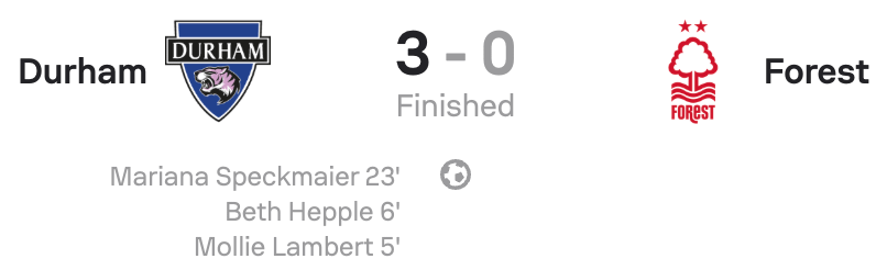 WSL2 25/26 Durham 3-0 Nottingham Forest scoreboard