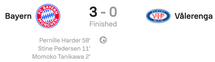 UWCL 25/26 Bayern Munich 3-0 Valerenga scoreboard