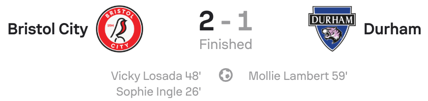 WSL2 25/26 Bristol City 2-1 Durham scoreboard