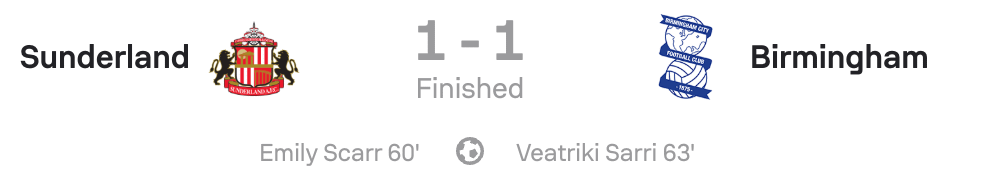 Sunderland 1-1 Birmingham City scoreboard WSL2 25/26