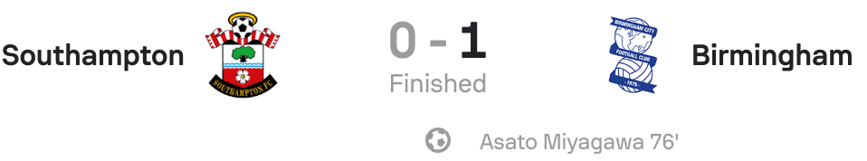 VERTA WSL2 25/26 Southampton 0-1 Birmingham scoreboard