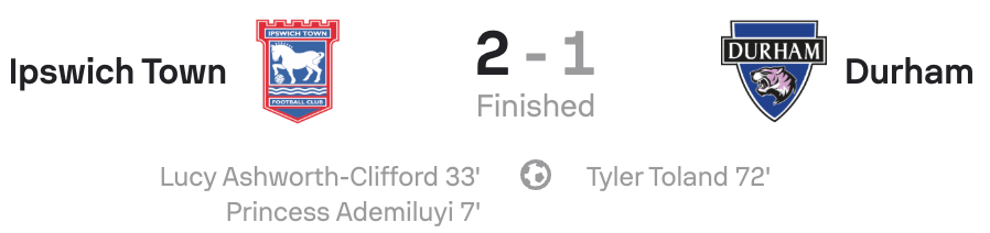 VERTA WSL2 25/26 Ipswich 2-1 Durham scoreboard