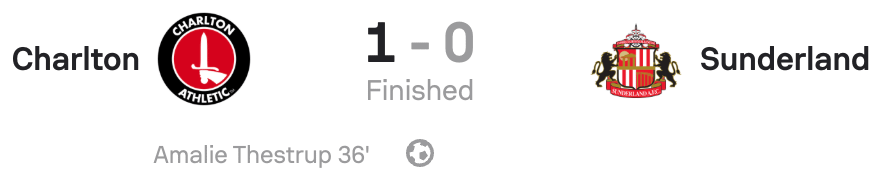 VERTA WSL2 25/26 Charlton 1-0 Sunderland scoreboard